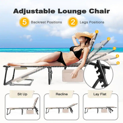Outdoor Folding Lounge Chair with Pillow, Textilene Adjustable Tanning Chair for Patio Use
