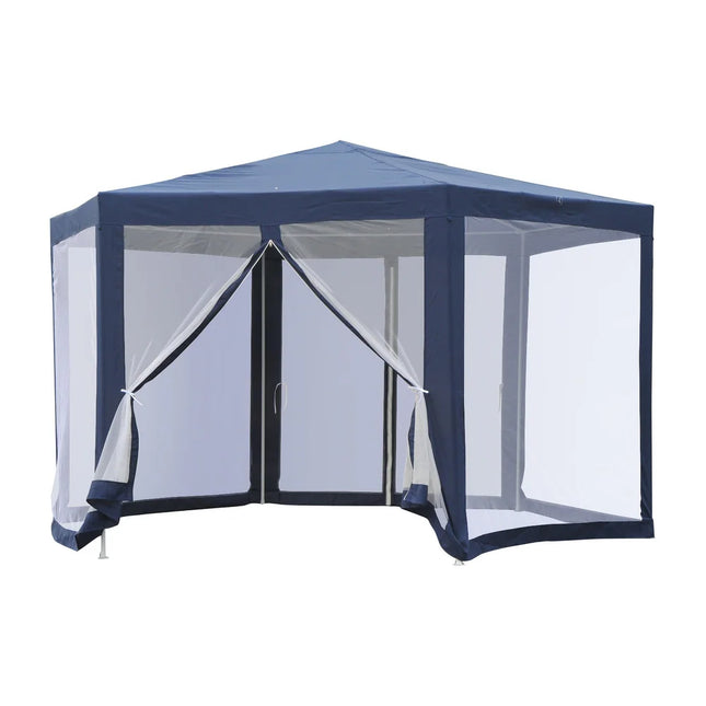 13x13FT Hexagon Gazebo Party Tent Mesh Screen Garden Backyard Blue Canopy