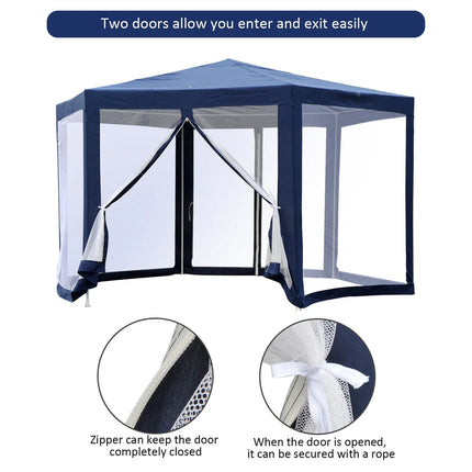 13x13FT Hexagon Gazebo Party Tent Mesh Screen Garden Backyard Blue Canopy