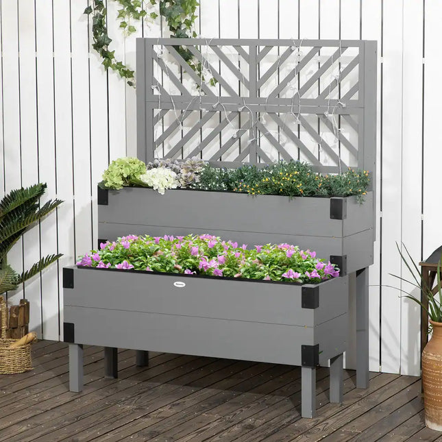 Wooden 2 Tier Raised Garden Bed with Trellis, Elevated Planter with Metal Corner Support