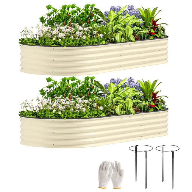 2PCS Galvanized Raised Garden Bed with Plant Support Stakes and Rubber Strap Edging
