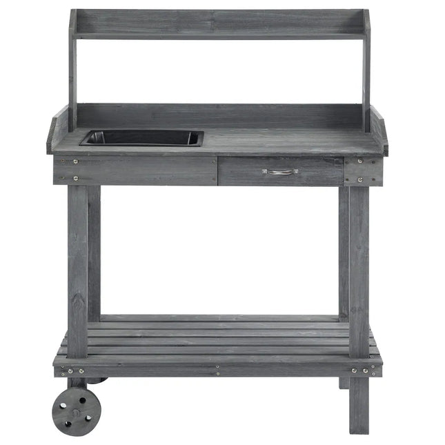 Wooden Potting Bench Work Table 36.25" x 17.75" x 46.75" with Wheels & Storage