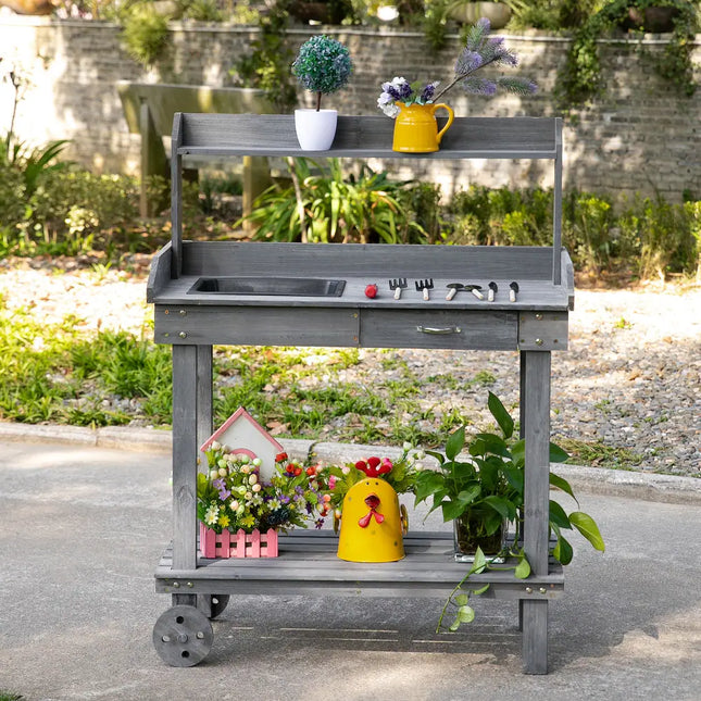 Wooden Potting Bench Work Table 36.25" x 17.75" x 46.75" with Wheels & Storage