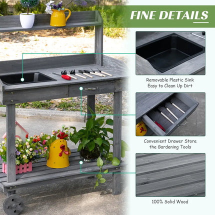 Wooden Potting Bench Work Table 36.25" x 17.75" x 46.75" with Wheels & Storage