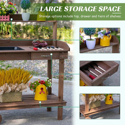 Wooden Potting Bench Work Table 36.25x17.75x46.75 Inch with Wheels Storage Brown