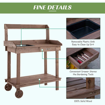 Wooden Potting Bench Work Table 36.25x17.75x46.75 Inch with Wheels Storage Brown