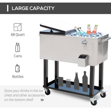 80 Quart Rolling Portable Stainless Steel Cooler Cart for Outdoor Parties