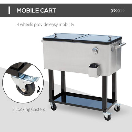 80 Quart Rolling Portable Stainless Steel Cooler Cart for Outdoor Parties