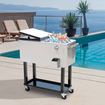 80 Quart Rolling Portable Stainless Steel Cooler Cart for Outdoor Parties