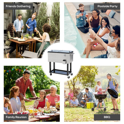 80 Quart Rolling Portable Stainless Steel Cooler Cart for Outdoor Parties