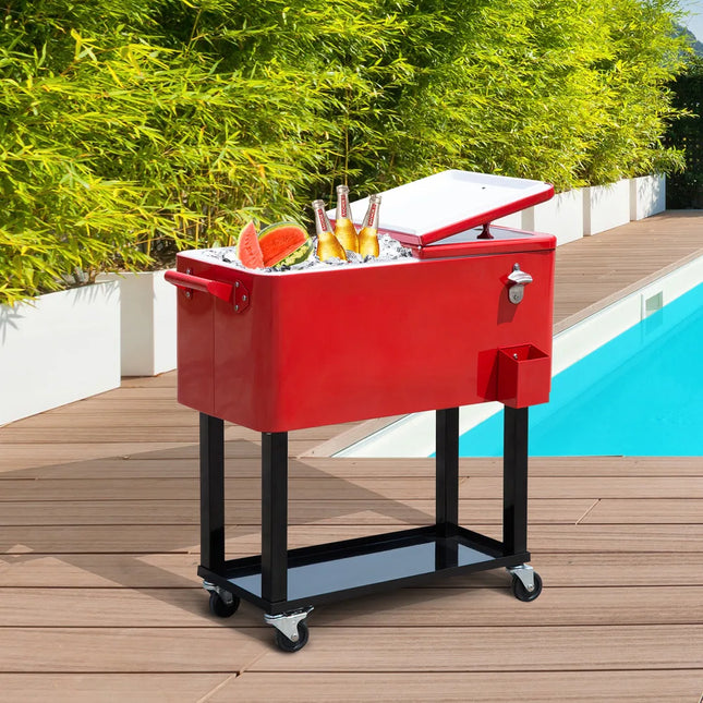 80-Quart Portable Rolling Ice Chest Cooler Red Outdoor Drink Cooler