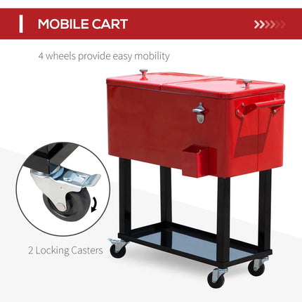 80-Quart Portable Rolling Ice Chest Cooler Red Outdoor Drink Cooler