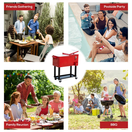 80-Quart Portable Rolling Ice Chest Cooler Red Outdoor Drink Cooler