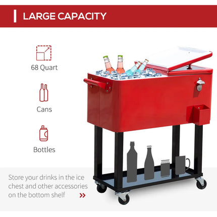 80-Quart Portable Rolling Ice Chest Cooler Red Outdoor Drink Cooler