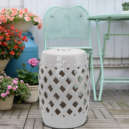Ceramic Indoor Outdoor Lattice Garden Stool – Decorative Patio Accent Seat