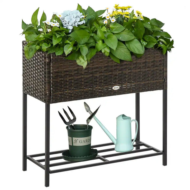 Indoor Outdoor Rattan Flower Planter Box with Tool Storage Rack 28 Inch High