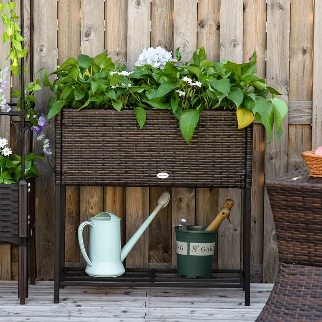 Indoor Outdoor Rattan Flower Planter Box with Tool Storage Rack 28 Inch High