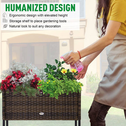 Indoor Outdoor Rattan Flower Planter Box with Tool Storage Rack 28 Inch High
