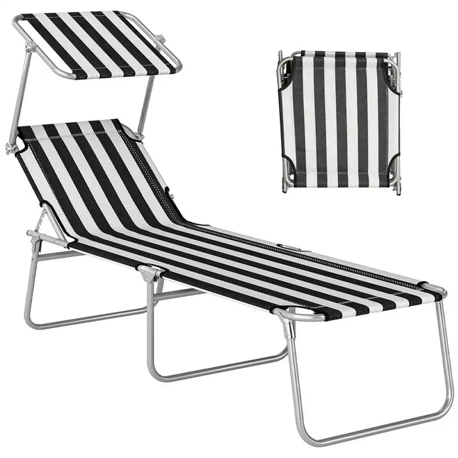 Outdoor Adjustable Folding Chaise Lounge Chair with Sun Shade for Beach and Camping