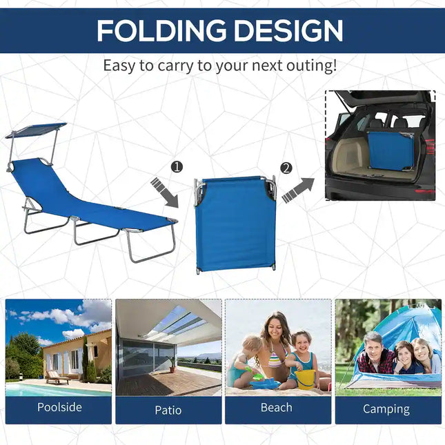Outdoor Folding Lounge Chair, Adjustable Chaise Lounge Sun Shade Beach & Camping, Blue