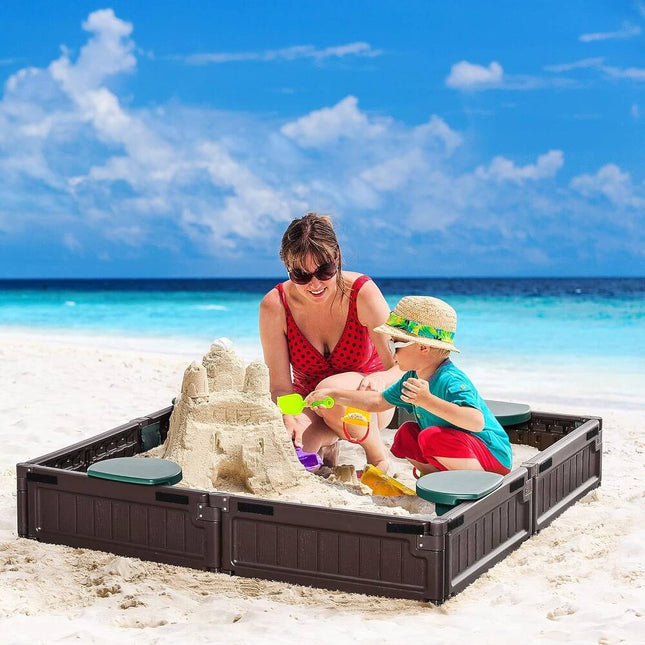 Shape-Shifting Reconfigurable Kids Sandbox with Cover Outdoor Plastic Brown