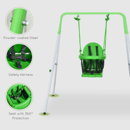 Toddler Swing Set with Metal Stand Safety Belt Indoor Outdoor Green