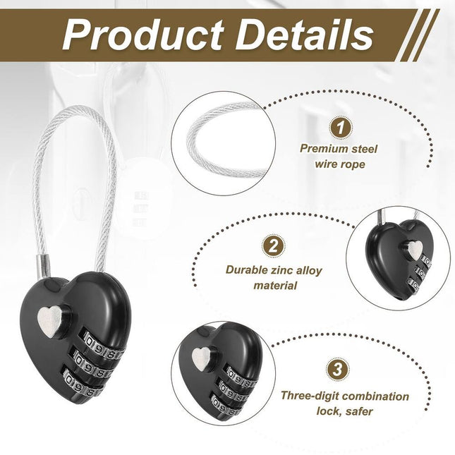 Heart-Shaped Combination Padlock – Zinc Alloy, Keyless Cable Lock [Black]