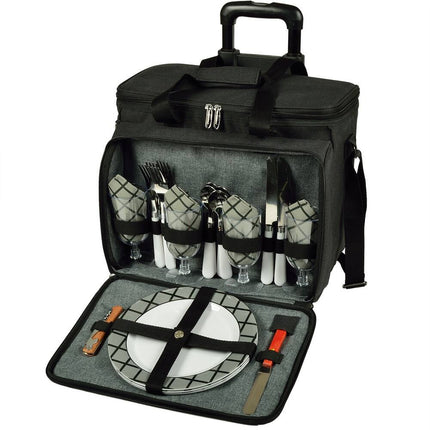 Equipped Picnic Cooler for Four on Wheels Portable Outdoor Food and Drink Cooler