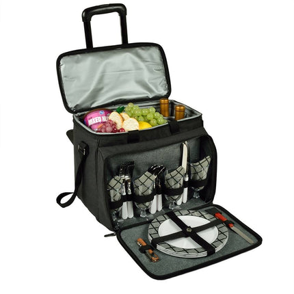 Equipped Picnic Cooler for Four on Wheels Portable Outdoor Food and Drink Cooler
