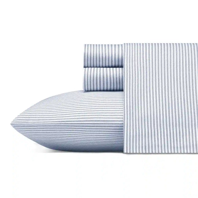 Twin Cotton Percale Bed Sheet Set Blue Stripe Printed Soft Breathable Bedding