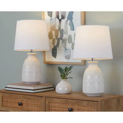 20 Inch Claudia Ceramic Table Lamps Set of 2 with Patterned Base Linen Shade
