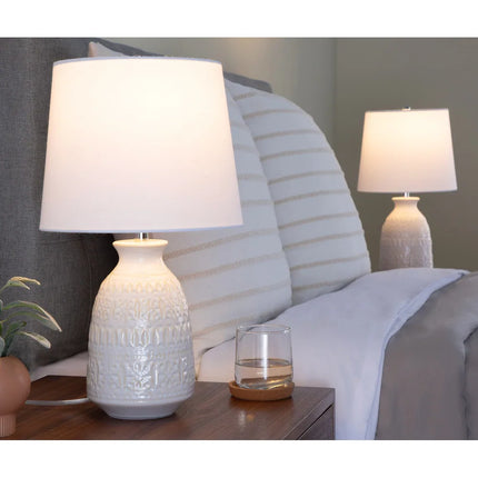 20 Inch Claudia Ceramic Table Lamps Set of 2 with Patterned Base Linen Shade