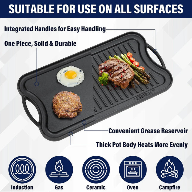 20 Inch Preseasoned Cast Iron Reversible Griddle Plate Pan Grill