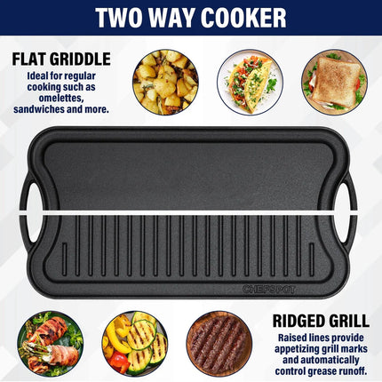 20 Inch Preseasoned Cast Iron Reversible Griddle Plate Pan Grill