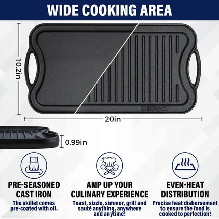 20 Inch Preseasoned Cast Iron Reversible Griddle Plate Pan Grill