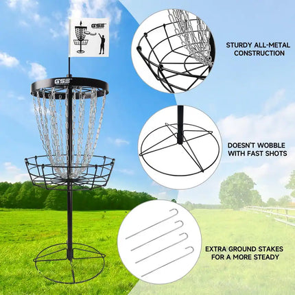 Professional Portable Disc Golf Basket 24-Chain Target Practice Goal Black