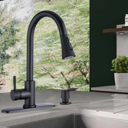 Single Handle Pull-Down Kitchen Faucet with Soap Dispenser – Commercial Style