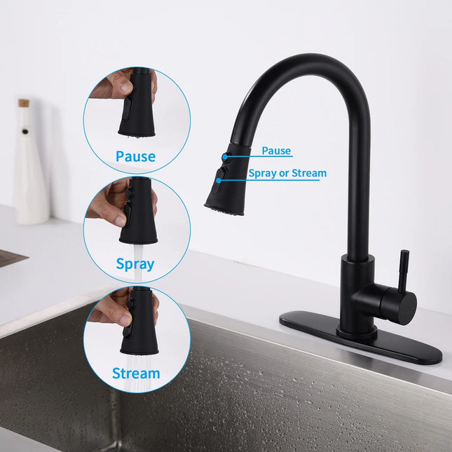 Commercial Kitchen Sink Faucet – Single Handle Pull-Down Sprayer