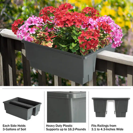 20.75in Railing Planter 6-Gallon Outdoor Flower Box for Balcony Garden Decor