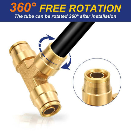 Push-to-Connect Brass Tee Air Brake Line Union Fitting, 3-Way Pneumatic Connector