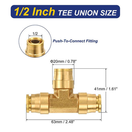 Push-to-Connect Brass Tee Air Brake Line Union Fitting, 3-Way Pneumatic Connector