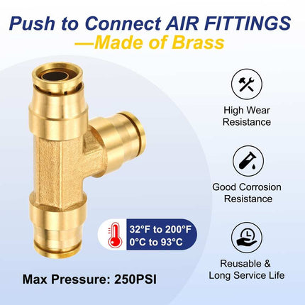 Push-to-Connect Brass Tee Air Brake Line Union Fitting, 3-Way Pneumatic Connector