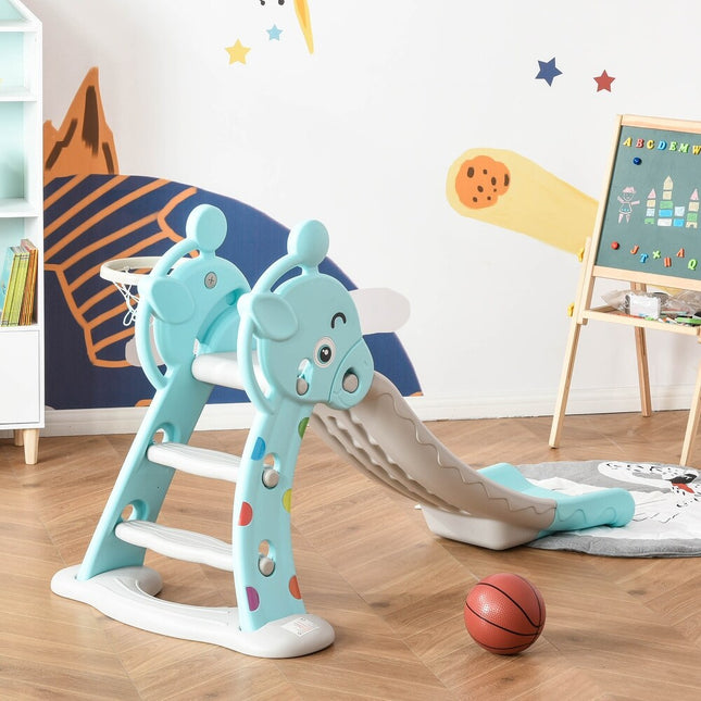 2-in-1 Kids Slide with Basketball Hoop Blue Gray for Ages 18 Months–4 Years