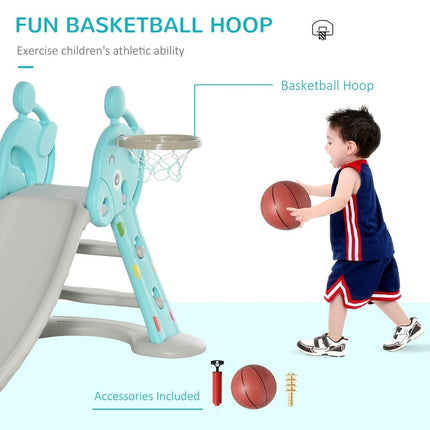 2-in-1 Kids Slide with Basketball Hoop Blue Gray for Ages 18 Months–4 Years