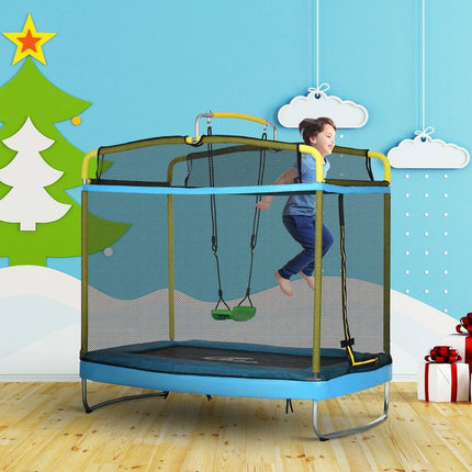 3-in-1 Kids Trampoline with Enclosure, Swing & Gymnastics Bar – 6.9 Ft