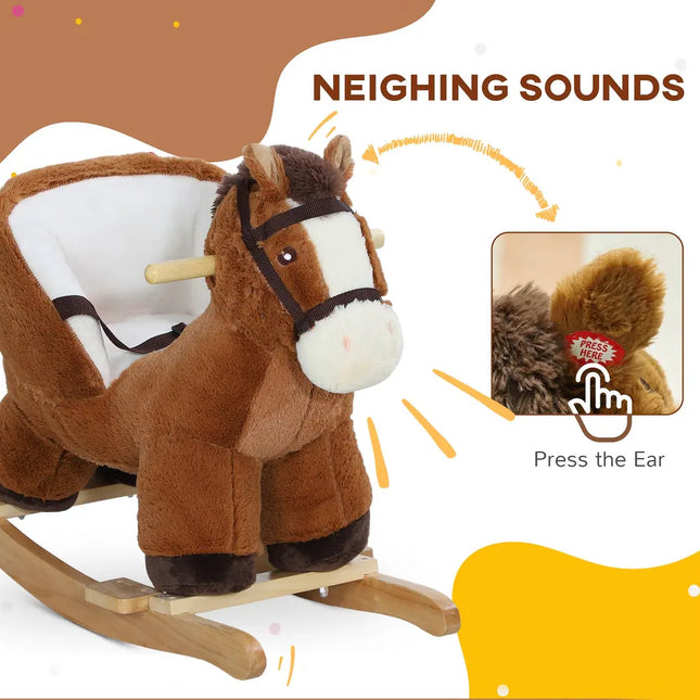 Baby Rocking Horse Plush Animal Rocker with Sound Wooden Base Safety Belt