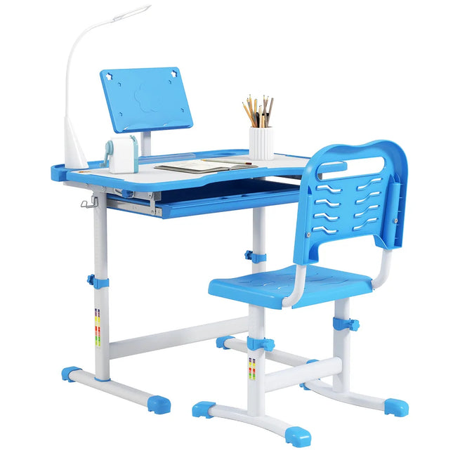 Kids Height Adjustable Desk and Chair Set Blue Study Table for Children