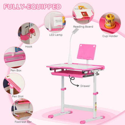 Kids Height-Adjustable Desk & Chair Set - Student Writing & Study Table - Pink