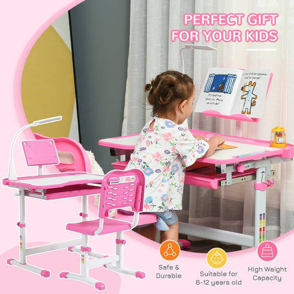 Kids Height-Adjustable Desk & Chair Set - Student Writing & Study Table - Pink
