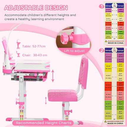 Kids Height-Adjustable Desk & Chair Set - Student Writing & Study Table - Pink